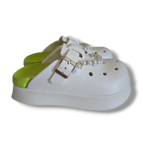 Wome's Off-White/Green Dainty Pearl Jibbitz Charm Rubber Wedge Platform Clogs - Picture 6 of 16